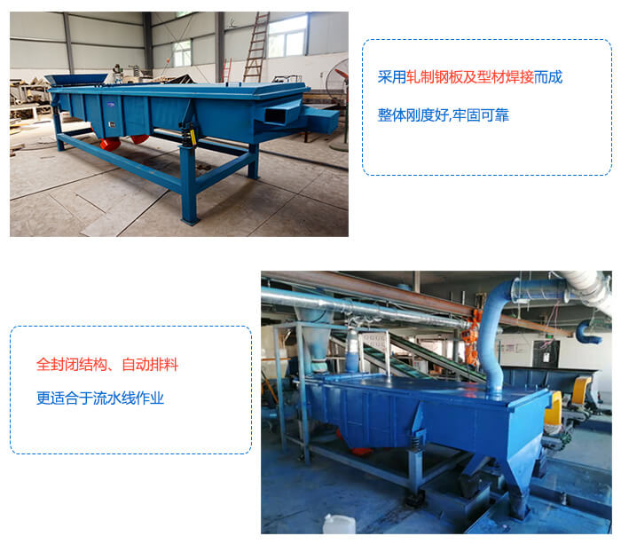 大型直線振動篩采用軋制鋼板整體剛度好,全封閉結構,自動排料。