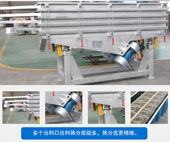 多層直線振動篩結(jié)構(gòu)優(yōu)勢：出料口多層選擇，振動電機，震動彈簧減輕振動體的磨損，彈跳球和擋球環(huán)。