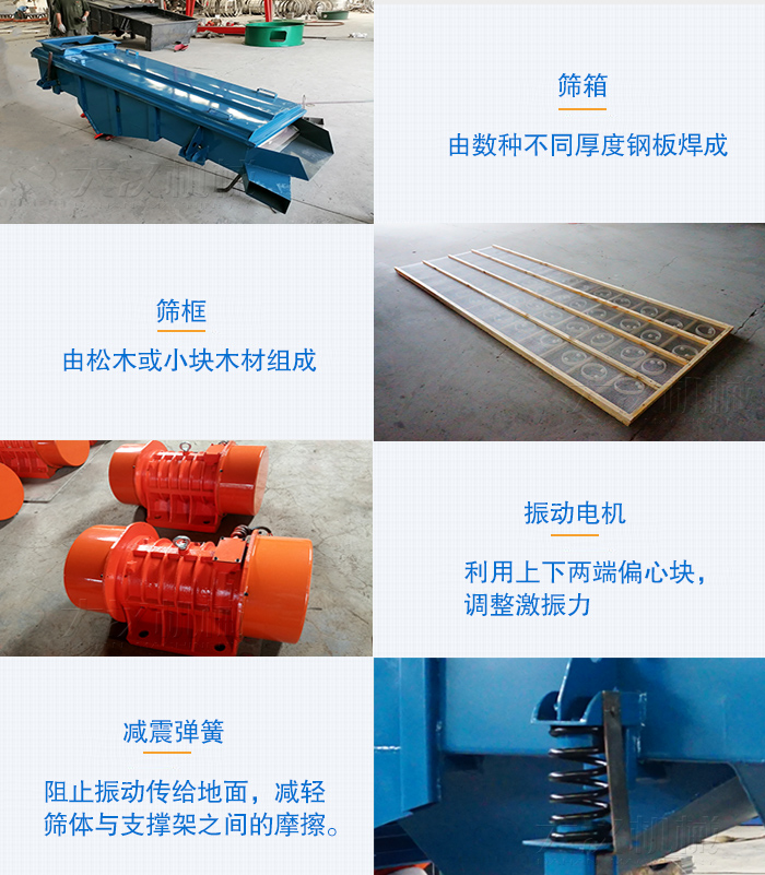 小型直線篩篩箱，篩框，振動電機，彈簧等部件圖片展示