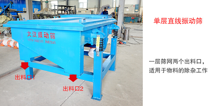 單層直線振動篩由一層篩網(wǎng)兩個出料口,適用于物料的除雜工作。